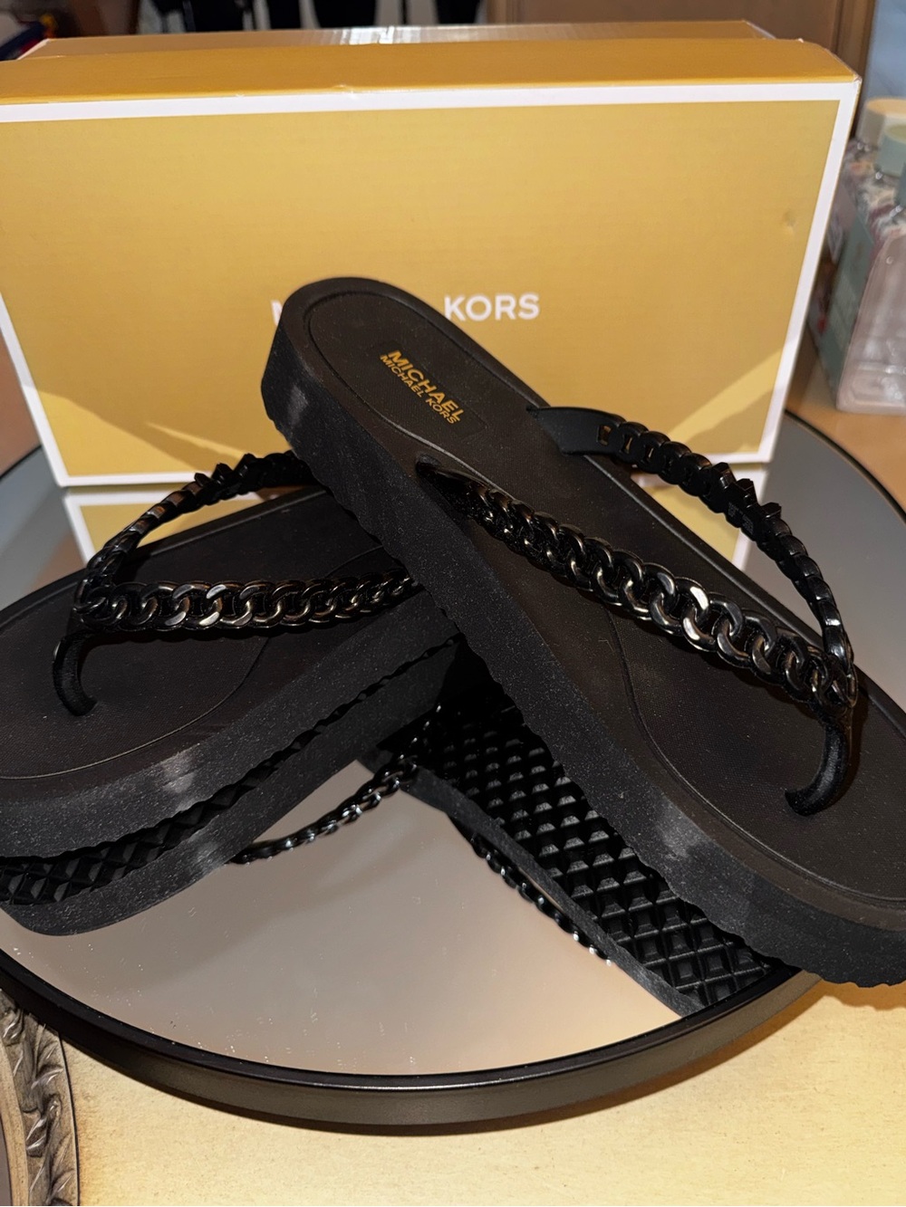 Michael Kors Black Chain-Trim Flip Flop Sandals